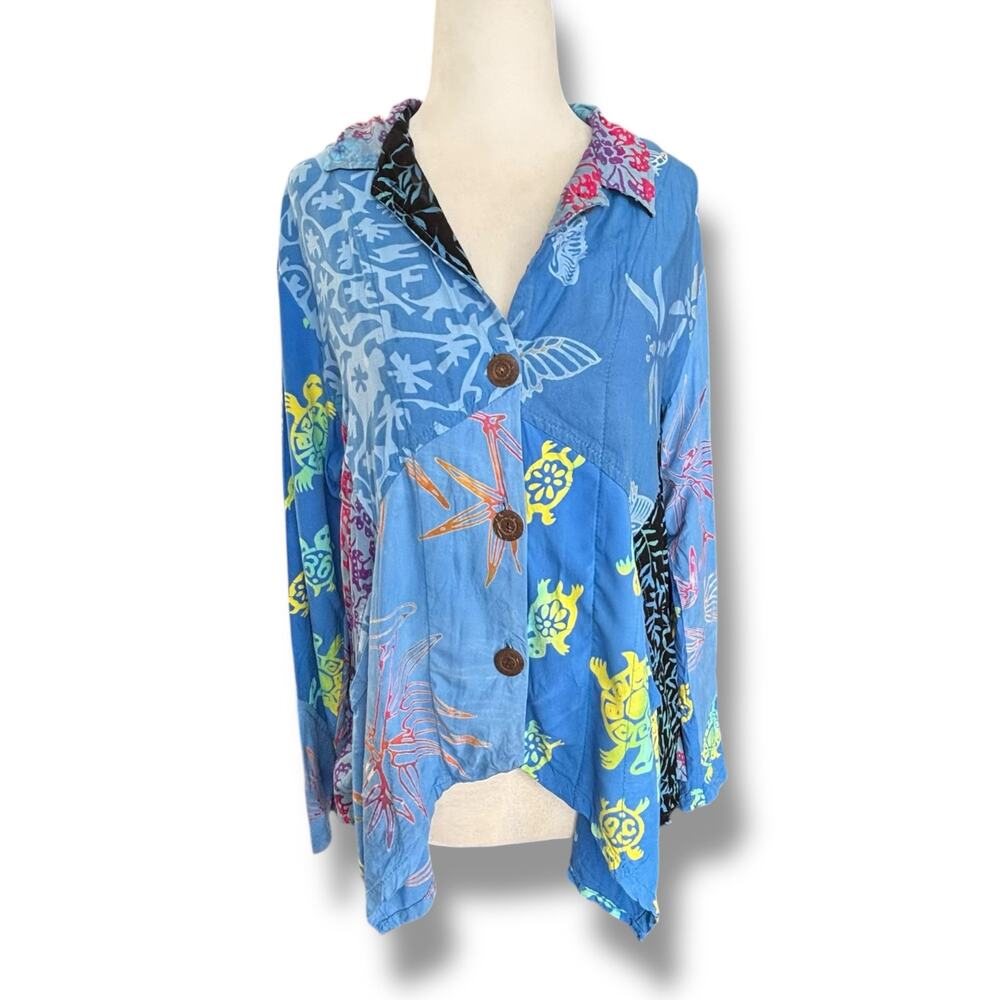 Vintage 90s Wild Woman Blue Patchwork Batik Shirt S/M‎ Animal Print Floral Rayon